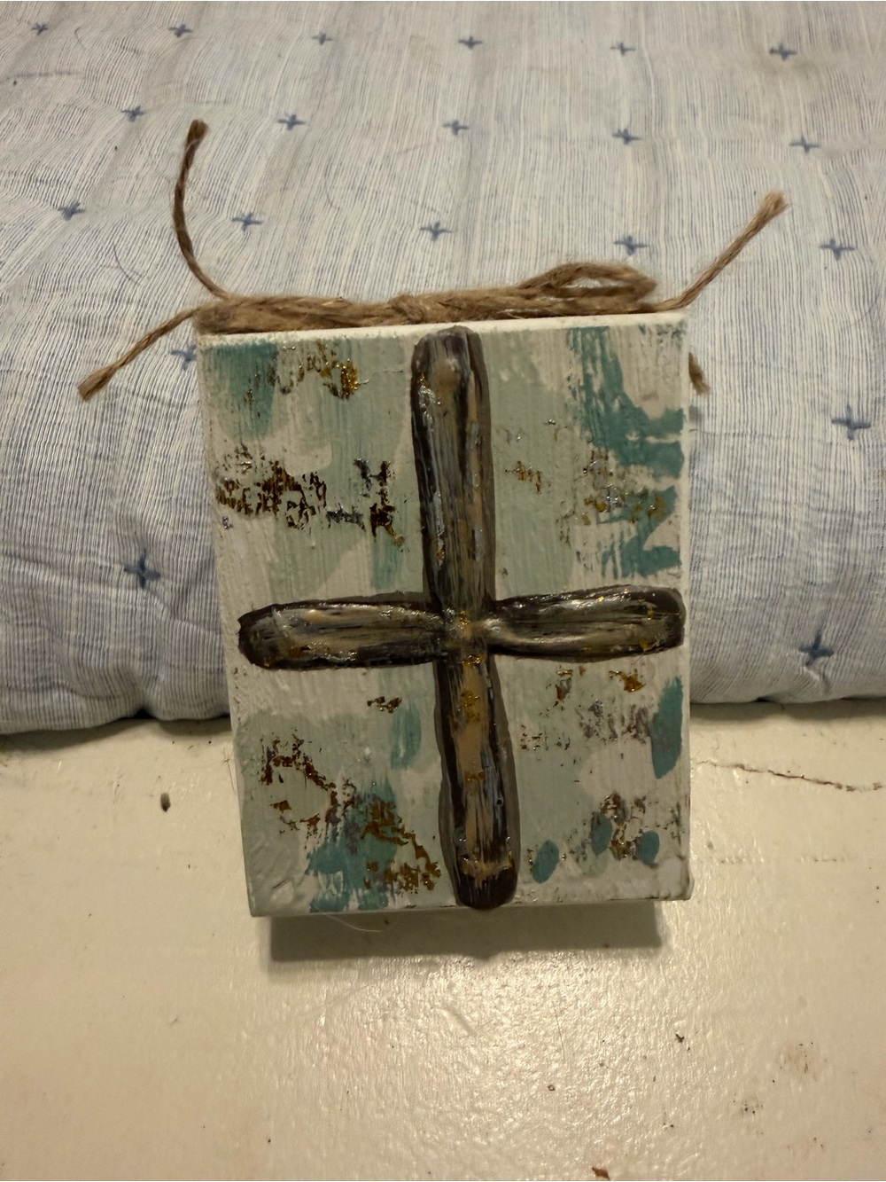 Hand-Painted Rustic Cross - Teal & White